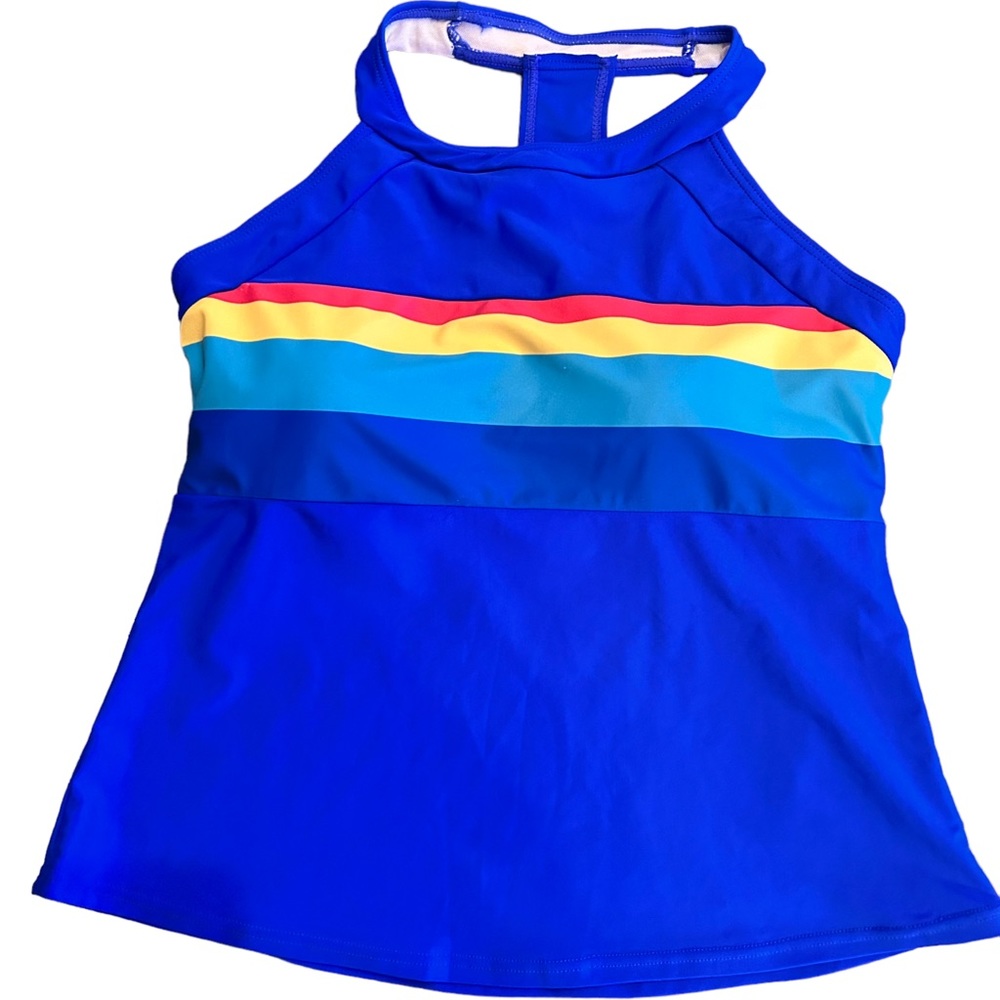 Colorful sports athletic halter style swim top blue size medium NWT